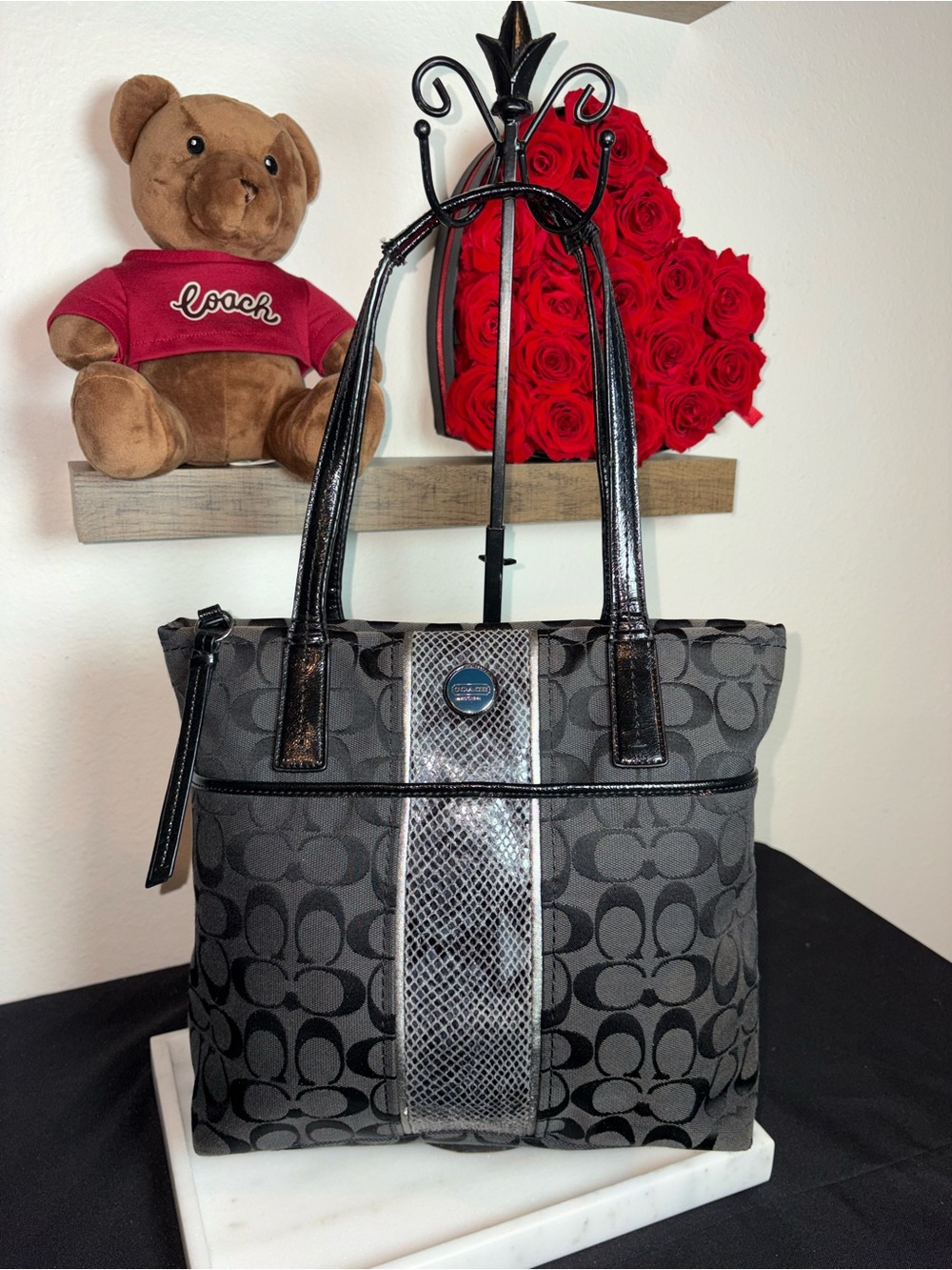 Coach Gray and Black Signature Tote with Snake-Print Center